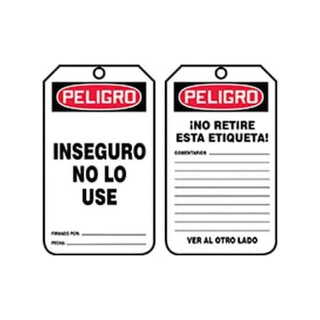 Accuform Spanish Safety Tags, DANGER UNSAFE DO NOT USE, 5.75in x 3.25in, RP-Plastic, 25PK SHMDT191PTP